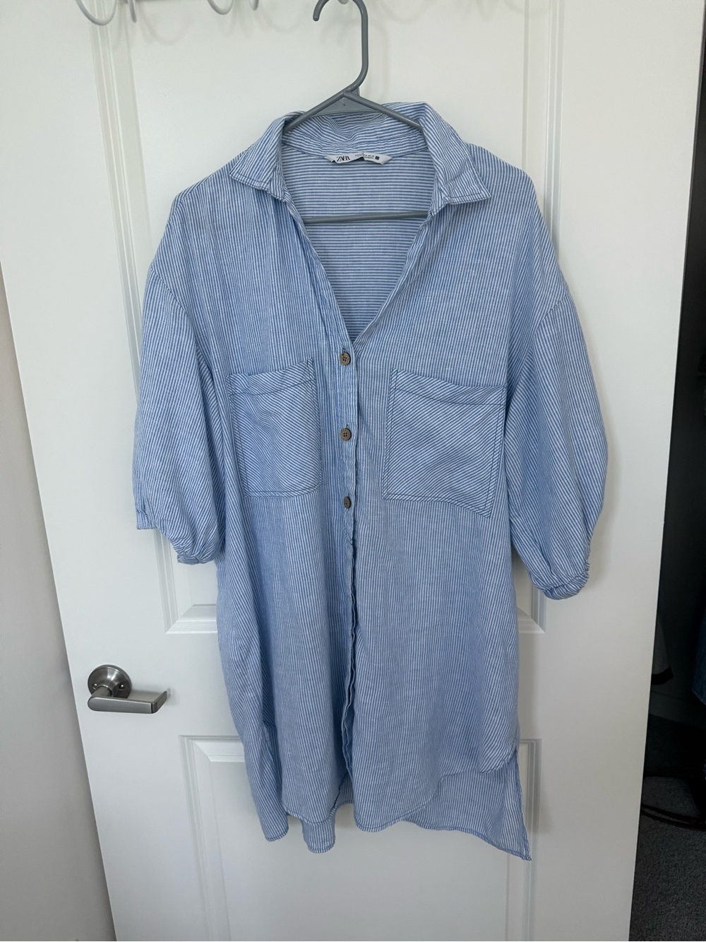 Zara Blue and White Striped Button-Front dress size small